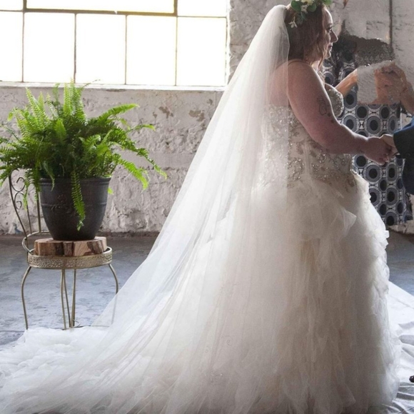 David's Bridal Strapless Corset Tulle Wedding Dress with Ruffled Skirt Size 14 - Picture 5 of 6